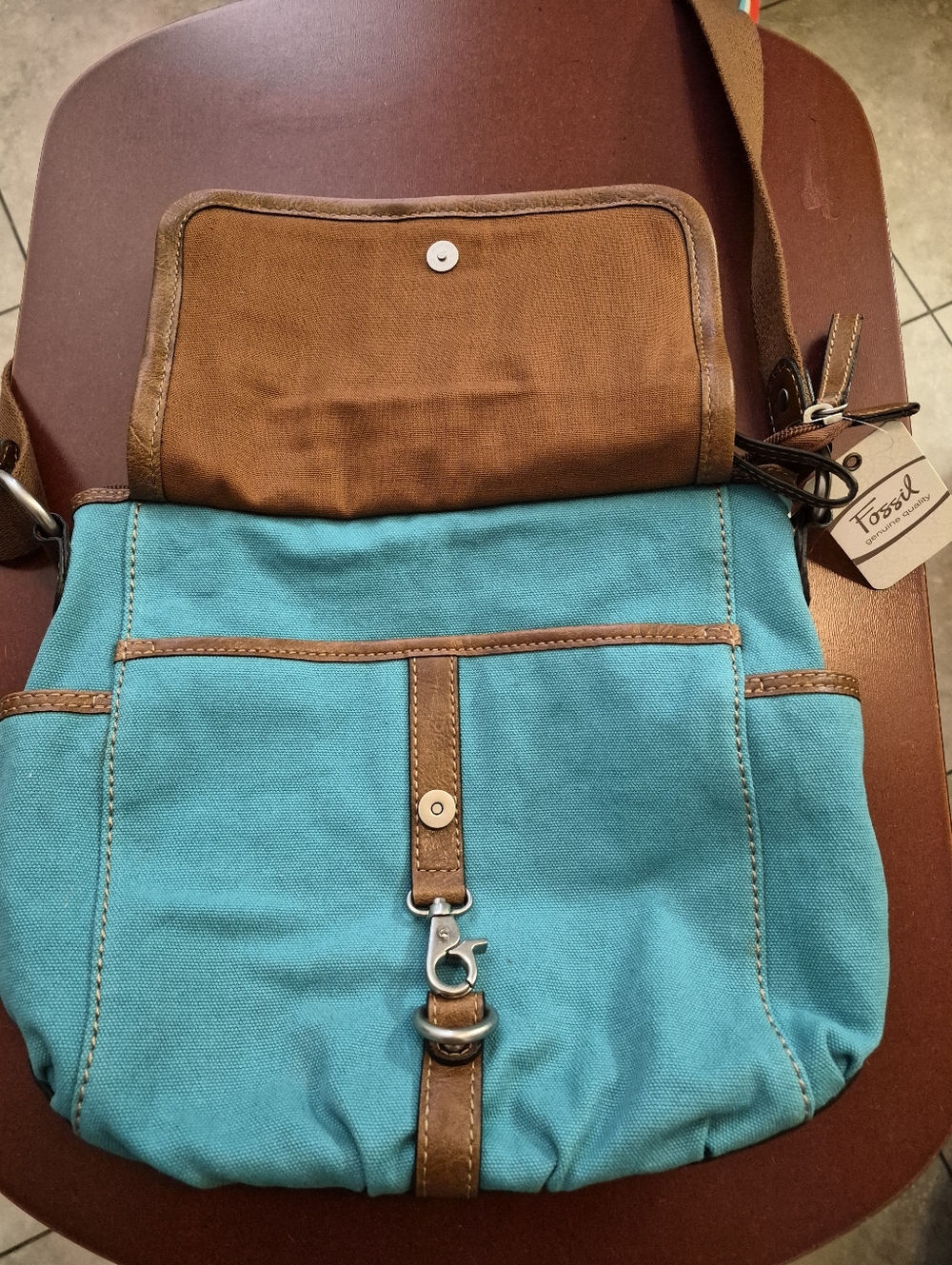 FOSSIL CANVAS AND LEATHER CROSSBODY BAG FROM KEY-PER COLLECTIONS; NWT - Picture 8 of 10